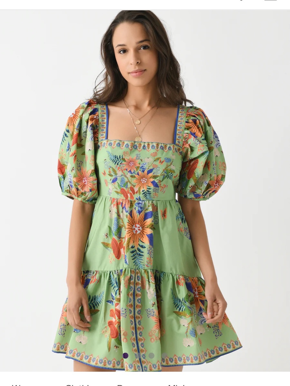 FARM Rio Lime Green Floral Puff-Sleeve Tiered Mini Dress